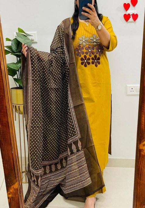 Yellow Embroidery Cotton Kurta Set