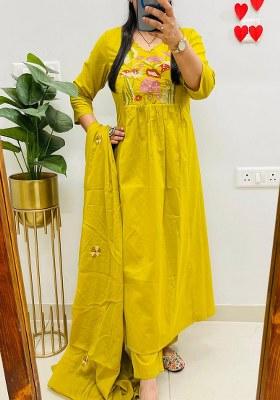 Yellow Embroidery Cotton Kurta Set