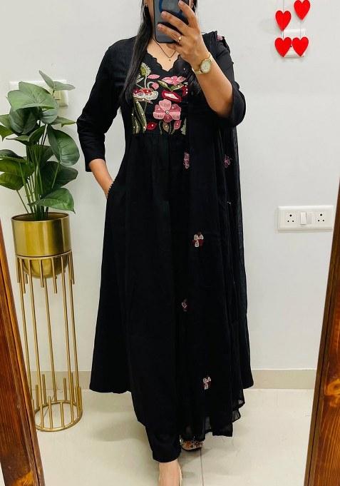 Black Embroidery Cotton Kurta Set