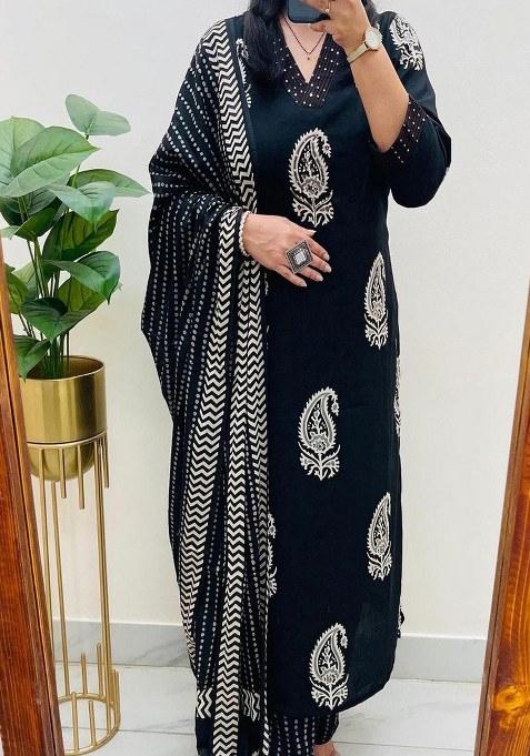 Black Embroidery Cotton Kurta Set