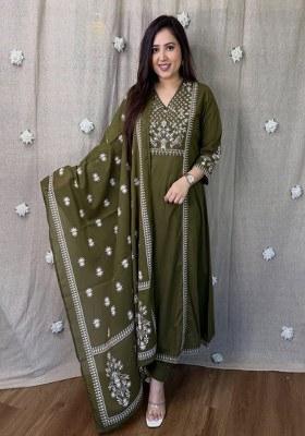 Green Embroidery Cotton Kurta Set
