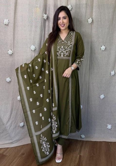 Green Embroidery Cotton Kurta Set