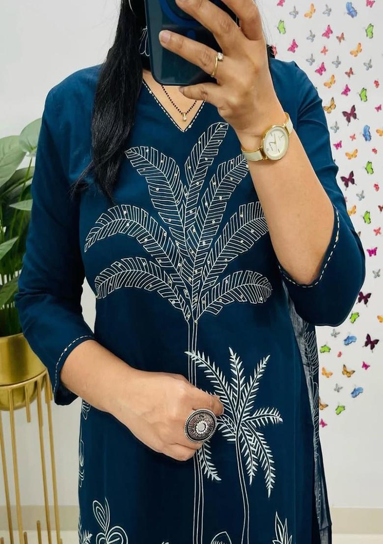 Blue Embroidery Cotton Kurta Set - Indya