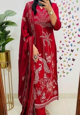 Red Embroidery Cotton Kurta Set