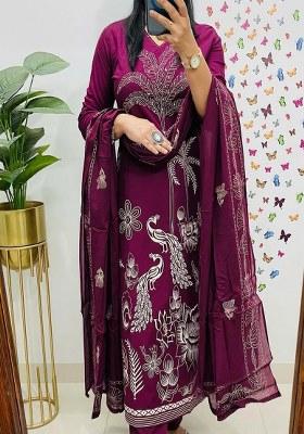 Purple Embroidery Cotton Kurta Set