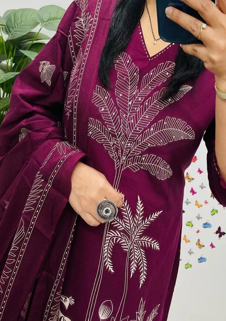 Purple Embroidery Cotton Kurta Set - Indya