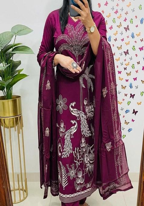 Purple Embroidery Cotton Kurta Set