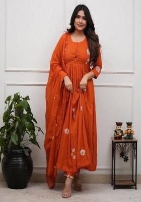 Orange Embroidery Cotton Kurta Set
