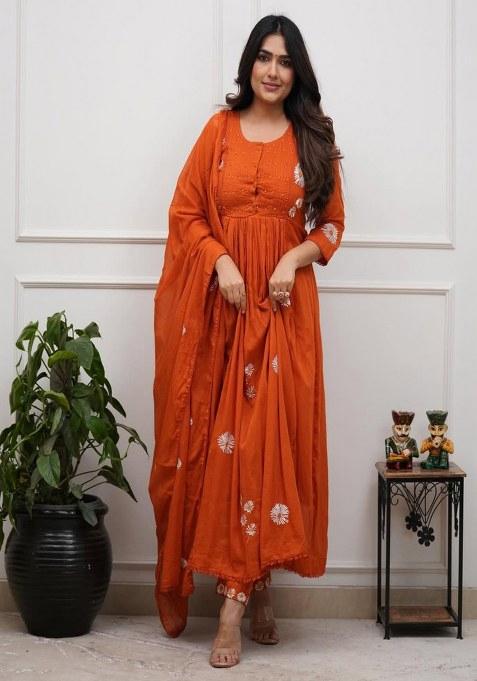 Orange Embroidery Cotton Kurta Set