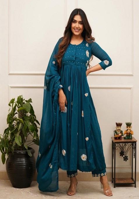 Blue Embroidery Cotton Kurta Set
