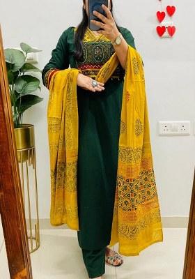 Green Embroidery Cotton Kurta Set