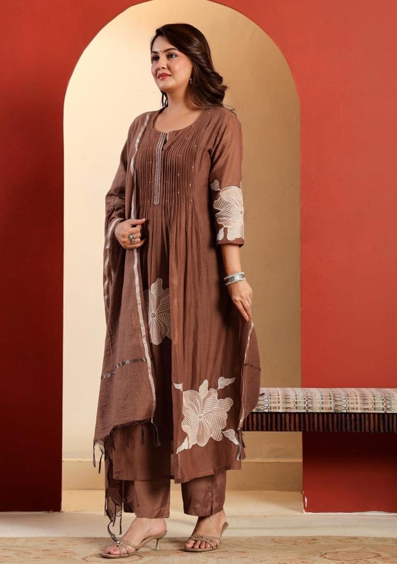 Brown Embroidery Cotton Kurta Set - Indya