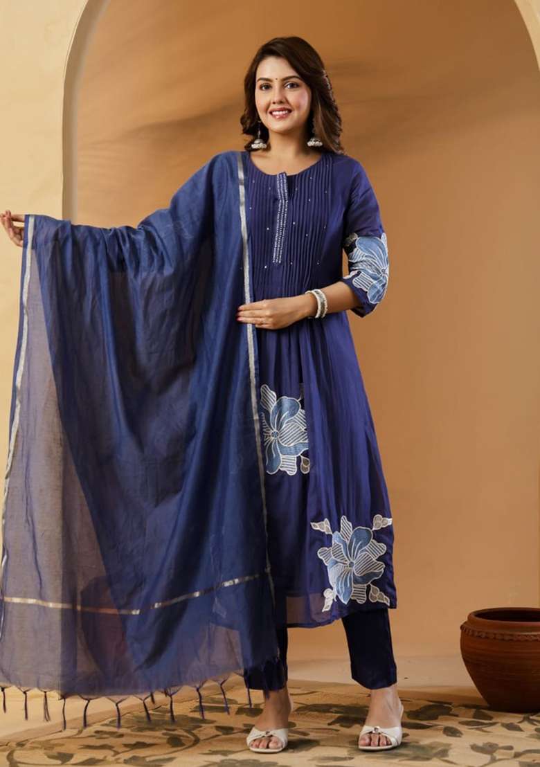 Blue Embroidery Cotton Kurta Set - Indya
