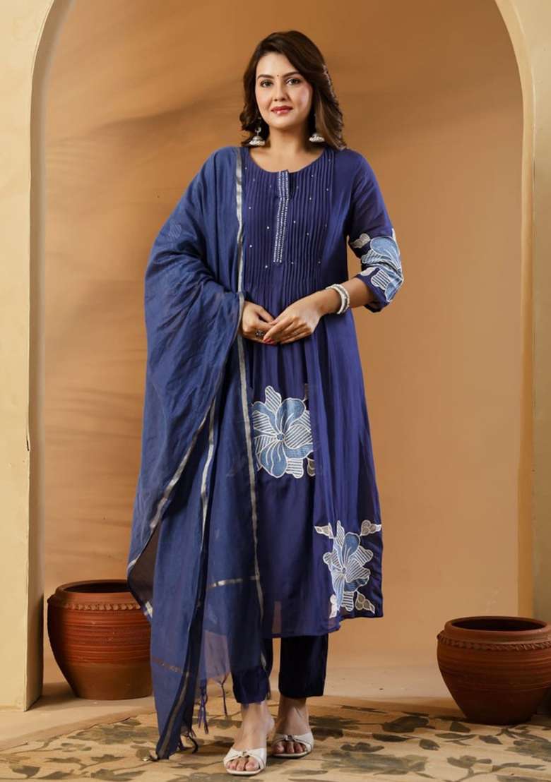 Blue Embroidery Cotton Kurta Set - Indya