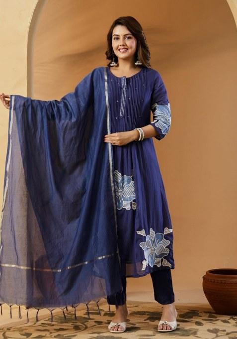 Blue Embroidery Cotton Kurta Set