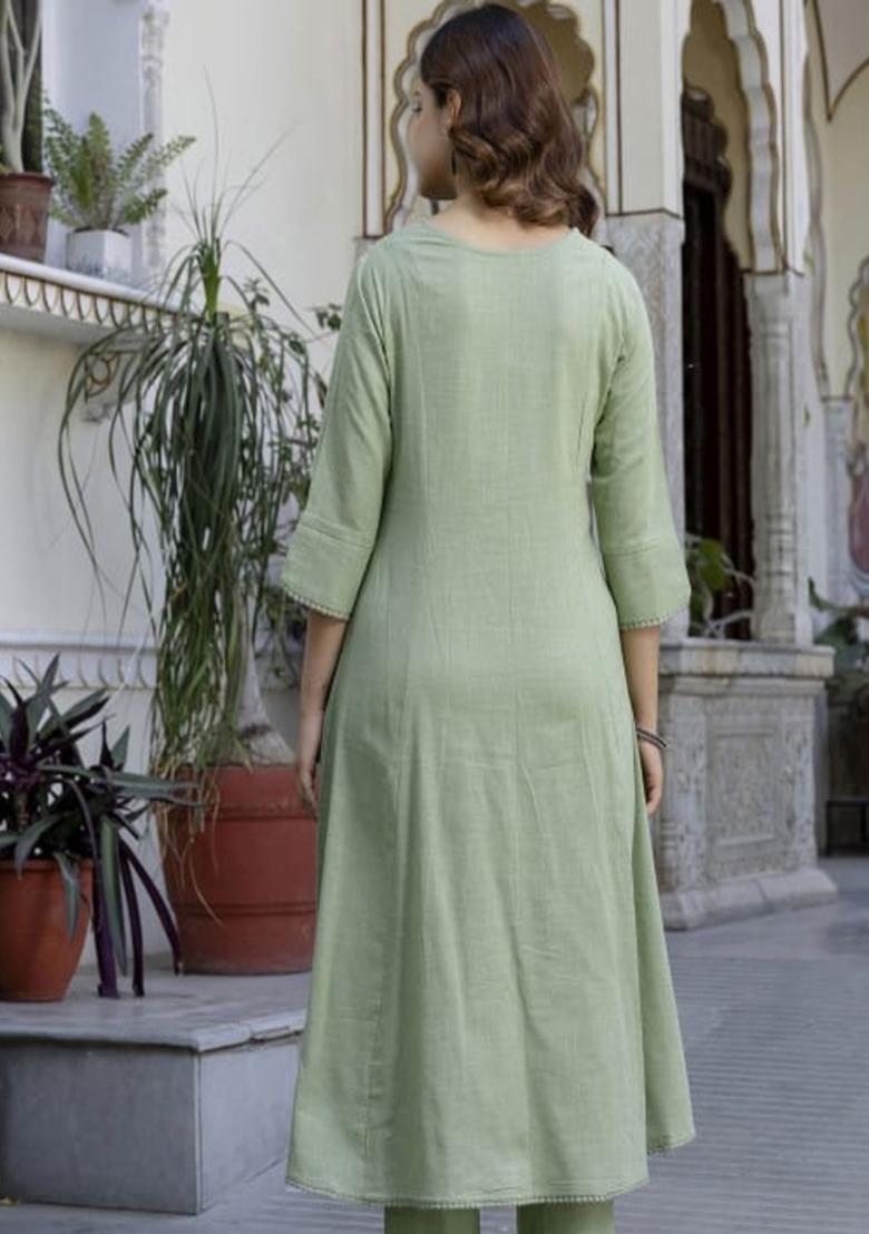 Green Embroidery Cotton Kurta Set - Indya
