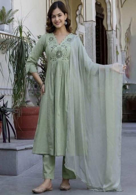 Green Embroidery Cotton Kurta Set