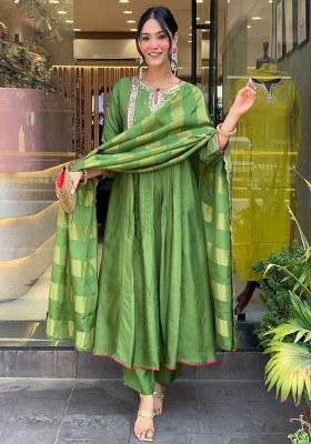 Green Embroidery Silk Kurta Set
