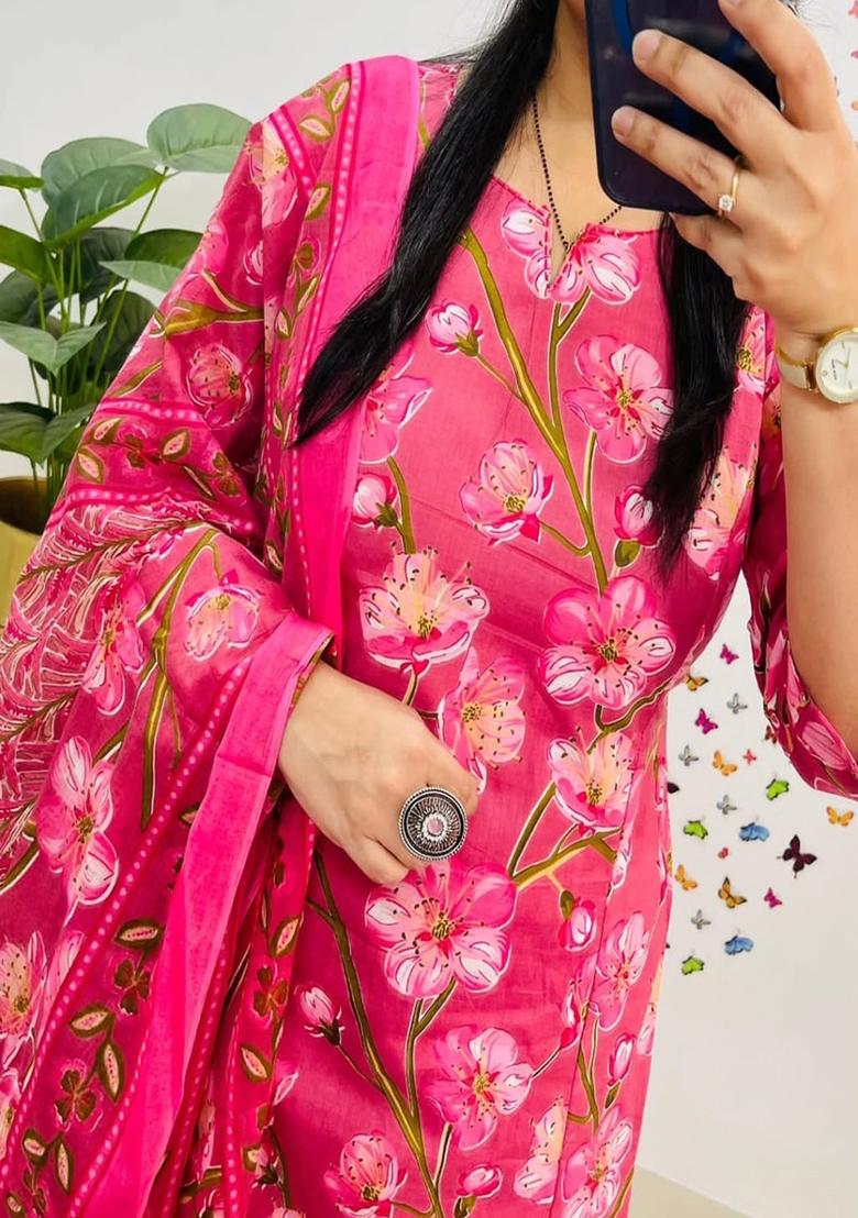 Pink Printed Cotton Kurta Set - Indya