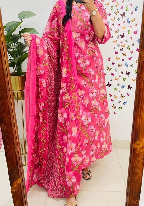 Pink Printed Cotton Kurta Set