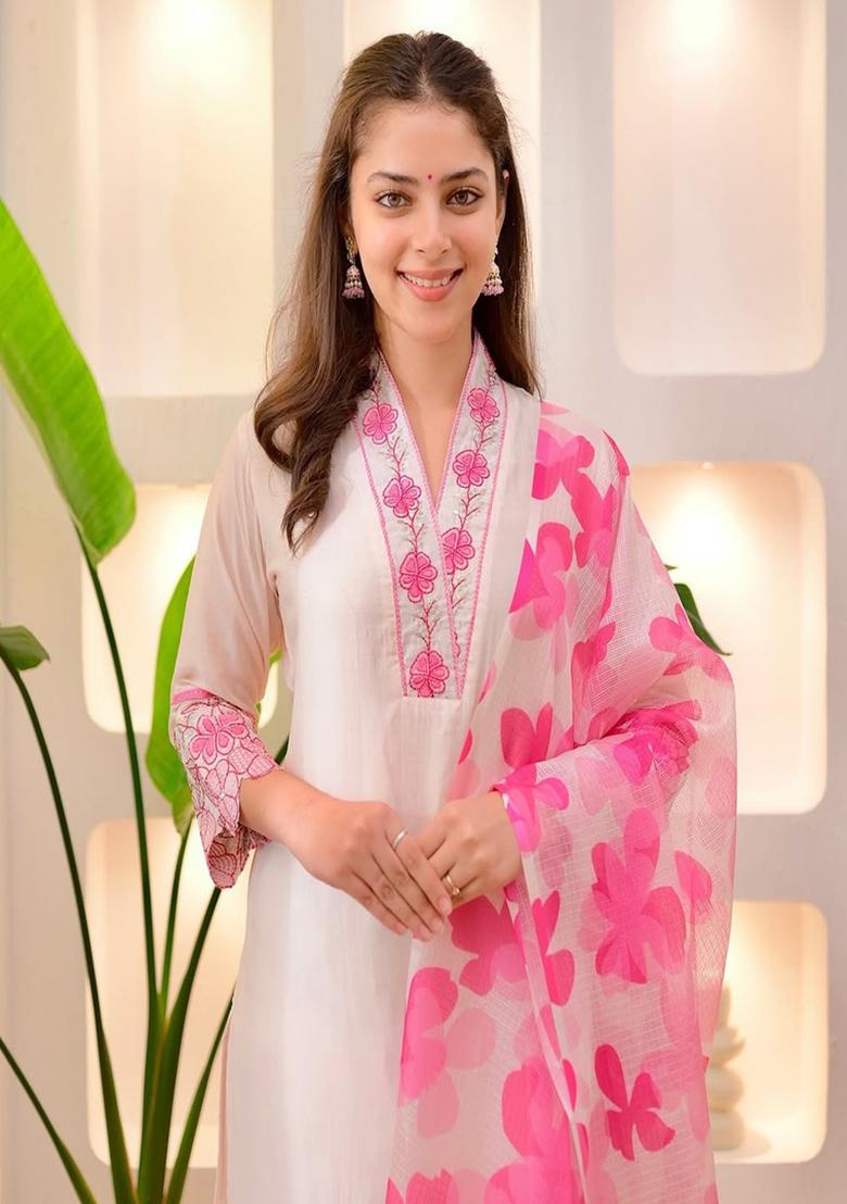 White Embroidery Cotton Kurta Set - Indya