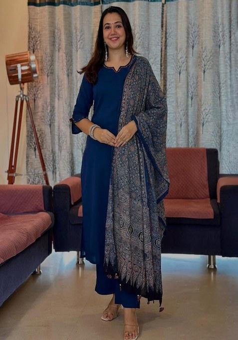 Blue Embroidery Cotton Kurta Set