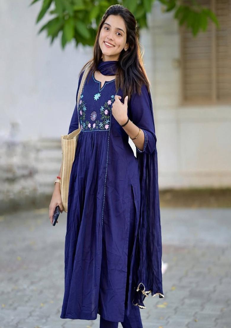 Blue Embroidery Cotton Kurta Set - Indya
