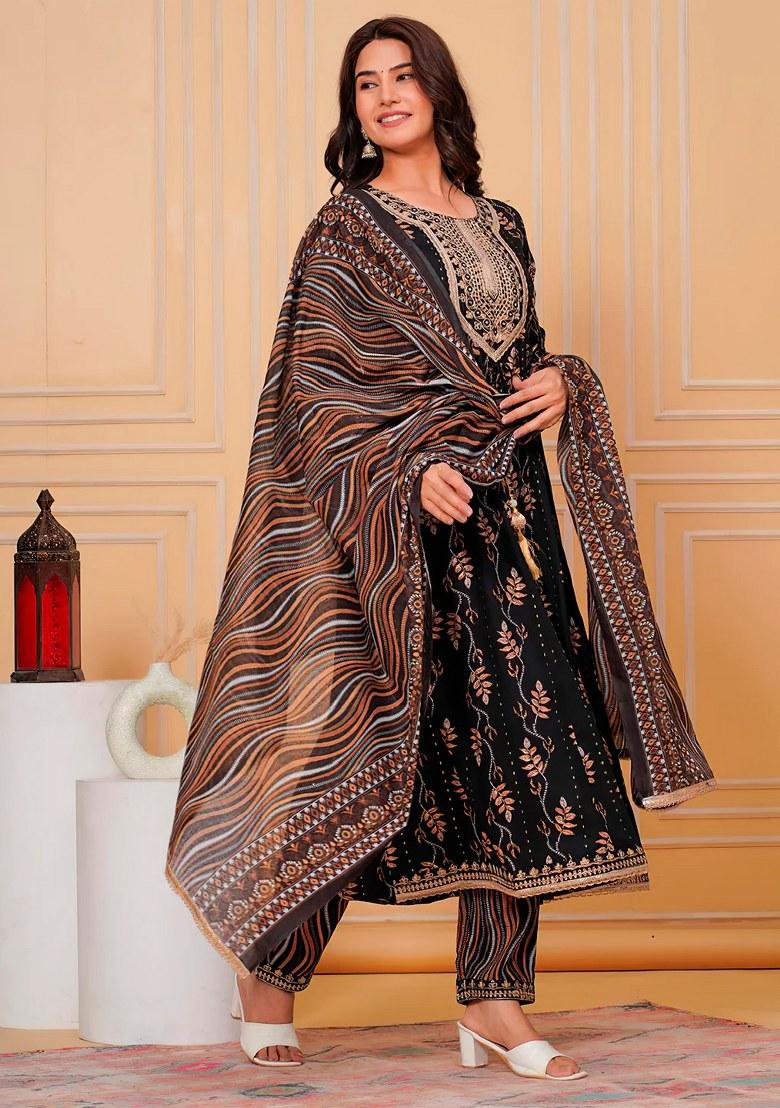 Black Embroidery Rayon Kurta Set - Indya