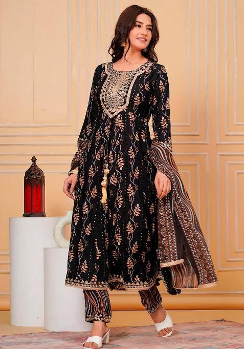 Black Embroidery Rayon Kurta Set
