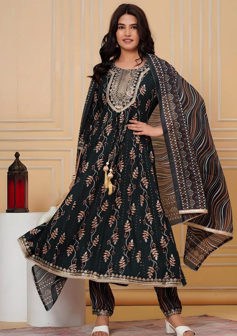 Bottle Green Embroidery Rayon Kurta Set - Indya