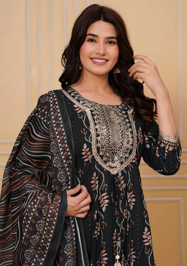 Bottle Green Embroidery Rayon Kurta Set - Indya