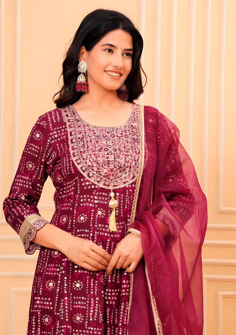 Purple Embroidery Rayon Kurta Set - Indya