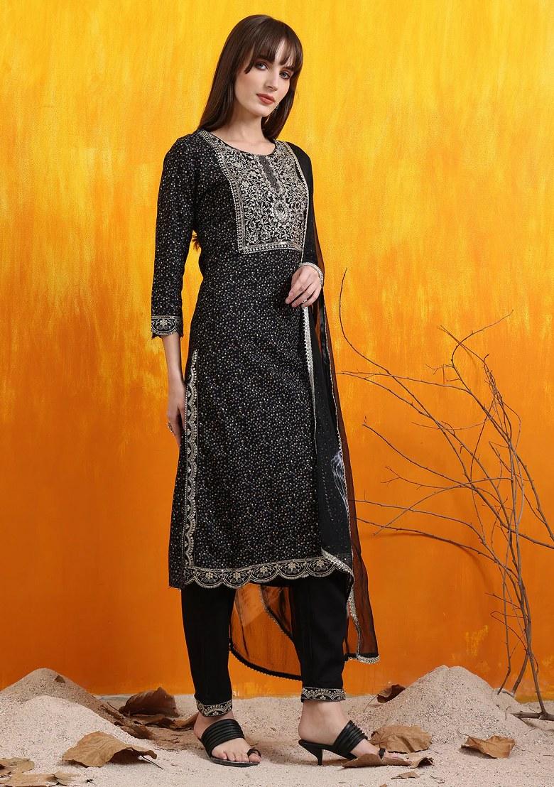 Black Embroidery Cotton Kurta Set - Indya