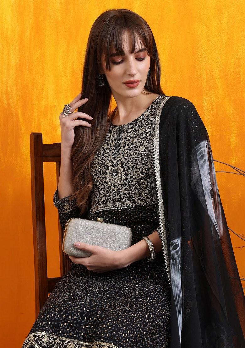 Black Embroidery Cotton Kurta Set - Indya