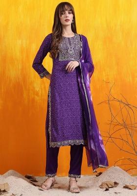 Purple Embroidery Cotton Kurta Set