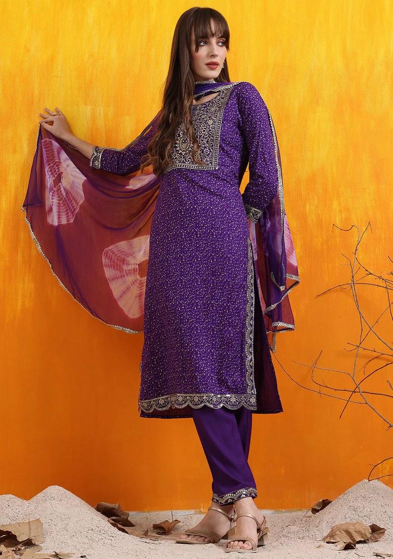 Purple Embroidery Cotton Kurta Set - Indya