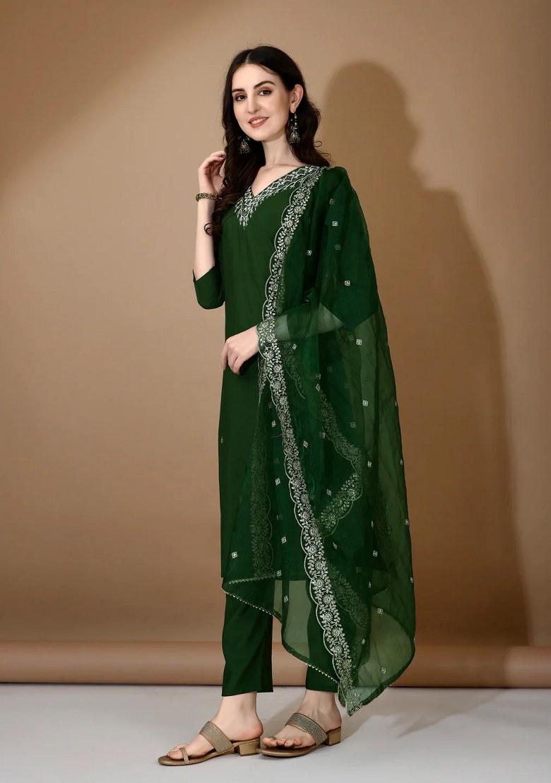 Green Embroidery Chanderi Kurta Set - Indya