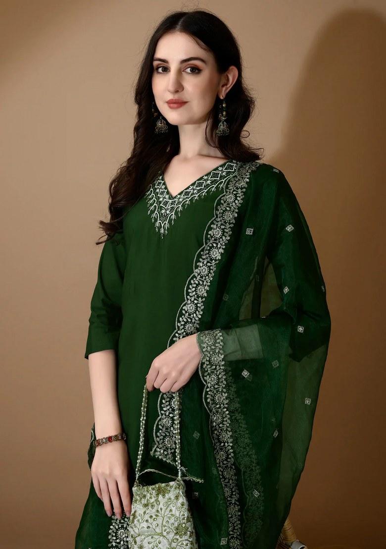 Green Embroidery Chanderi Kurta Set - Indya