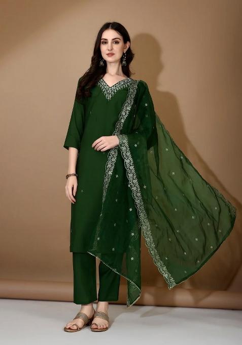 Green Embroidery Chanderi Kurta Set