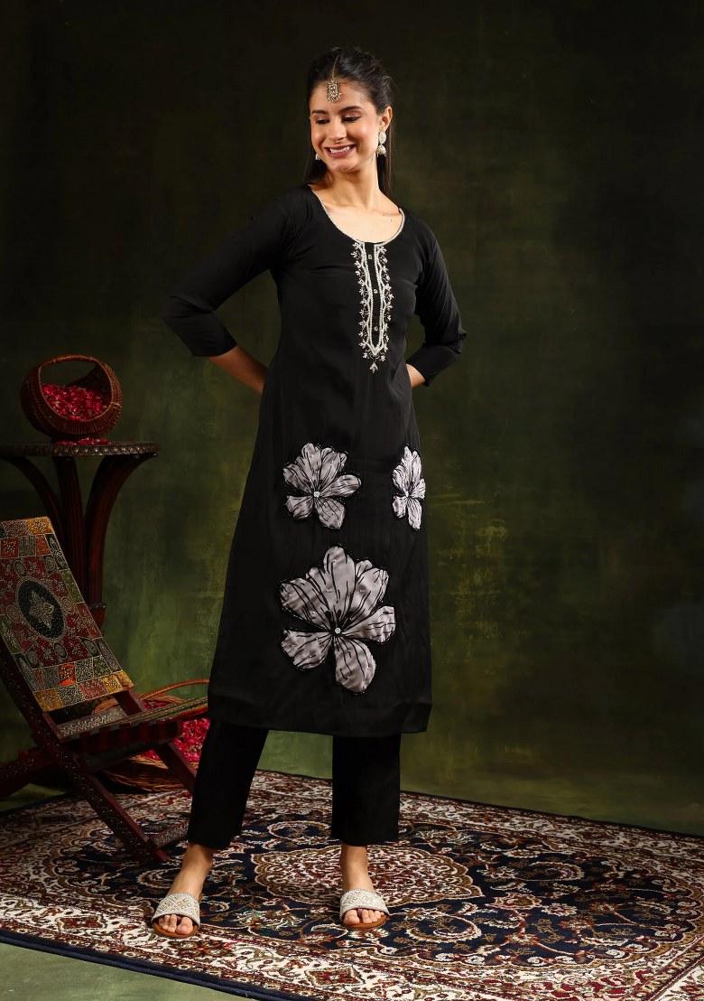 Black Embroidery Chanderi Kurta Set - Indya