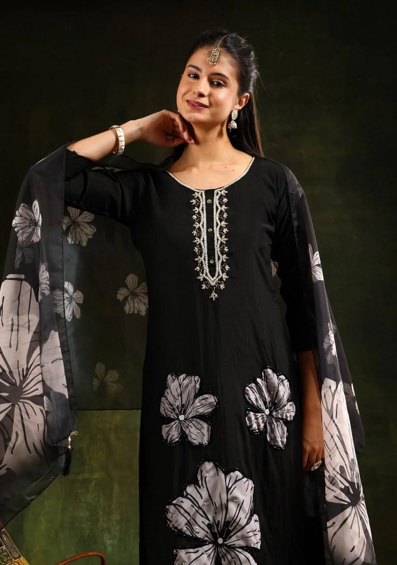 Black Embroidery Chanderi Kurta Set - Indya