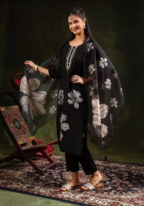 Black Embroidery Chanderi Kurta Set