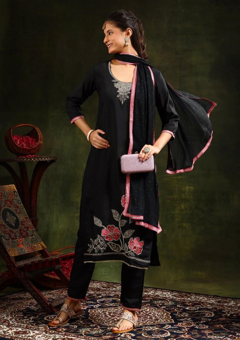 Black Embroidery Chanderi Kurta Set - Indya