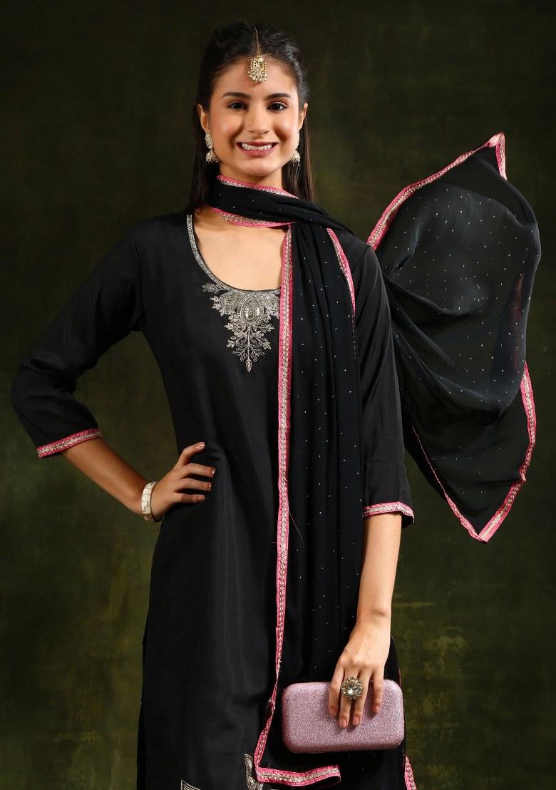 Black Embroidery Chanderi Kurta Set - Indya