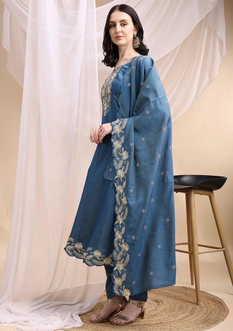 Blue Embroidery Silk Kurta Set - Indya