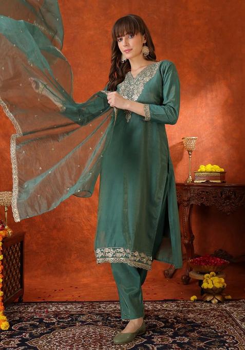 Green Embroidery Chanderi Kurta Set
