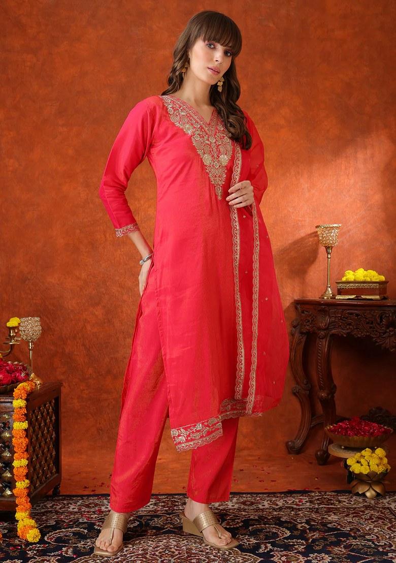 Pink Embroidery Chanderi Kurta Set - Indya