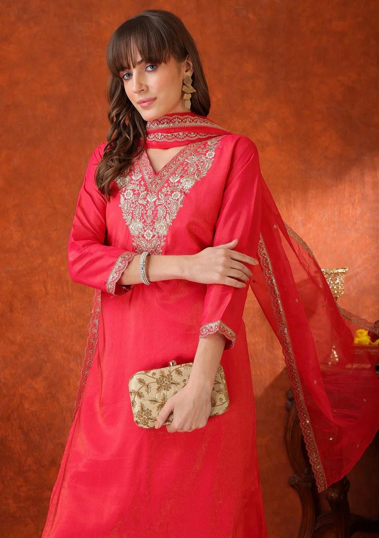 Pink Embroidery Chanderi Kurta Set - Indya