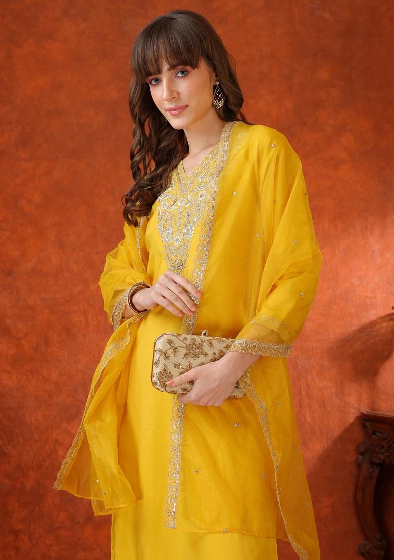 Yellow Embroidery Chanderi Kurta Set - Indya