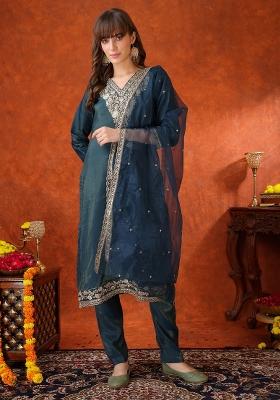 Teal Blue Embroidery Chanderi Kurta Set